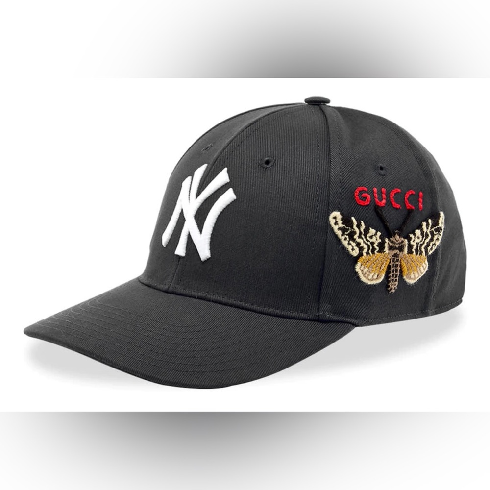 GUCCI NY Yankees Black Embroidered Baseball Hat Moth Butterfly Cap $530 NWT